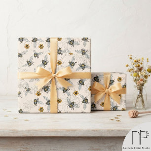 Elegante Honigbiene, Cream Daisis und Black Dots Geschenkpapier