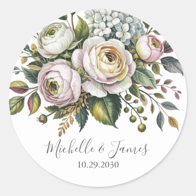 Elegante Hortensien-Rosen-Blumen-Hochzeit          Runder Aufkleber (Vorderseite)