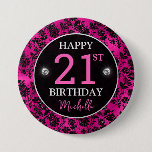 Elegante Hot Pink & Black Glitzer Blume Geburtstag Button