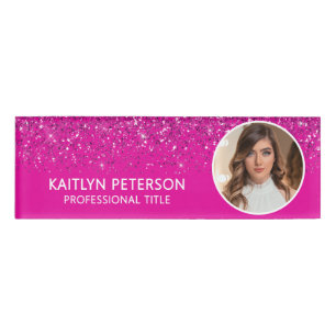 Elegante Hot Pink Glitzer Mitarbeiter Foto ID Namenschild