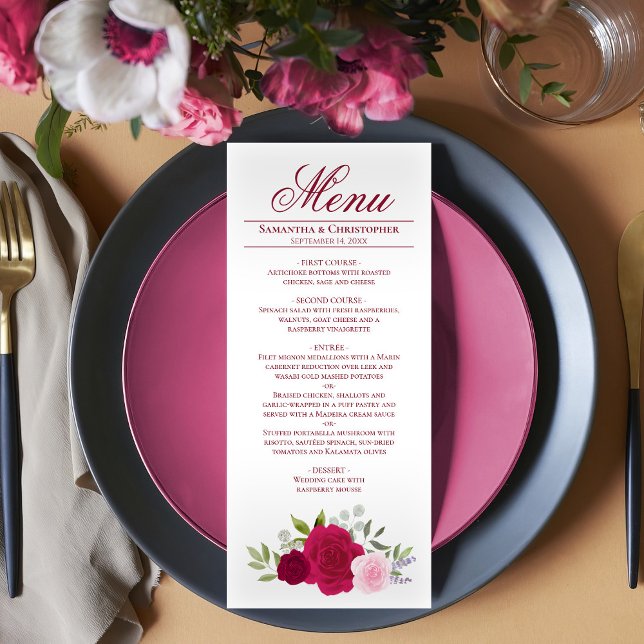 Elegante Hot Pink Magenta & Blush Rose Hochzeit Menükarte (On Plate)
