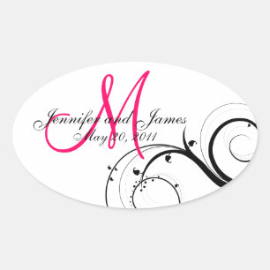 Elegante Hot Pink Swirl Monogram Wedding Stickers
