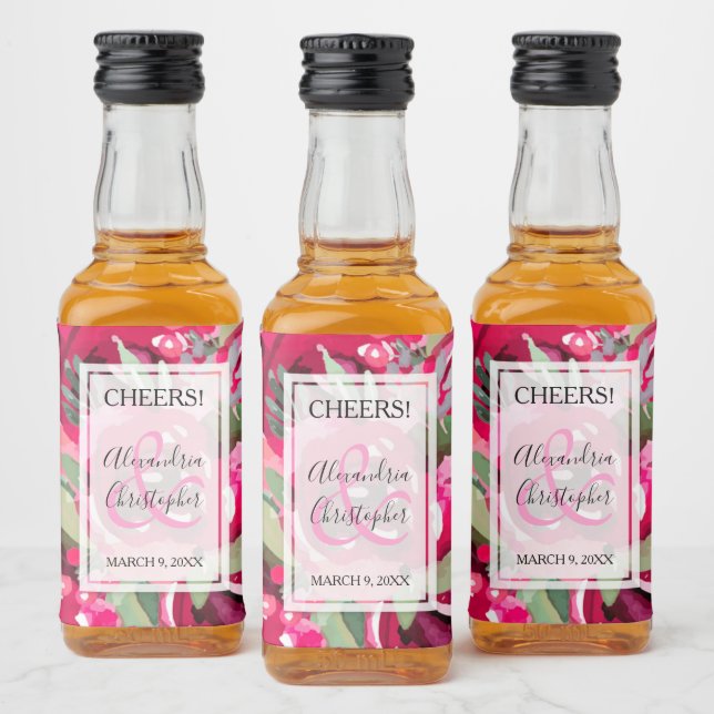 Elegante Hot Pink Wasserfarbe Blumenzwiebeln Mini Alkoholflaschenetikett (Flaschen)