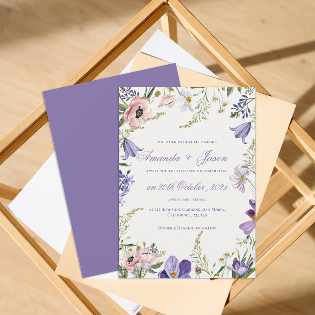 Elegante Hübsch Peach Lila Blue Floral Wedding Einladung (Elegant Pretty Peach Purple Blue Floral Wedding Invitation)