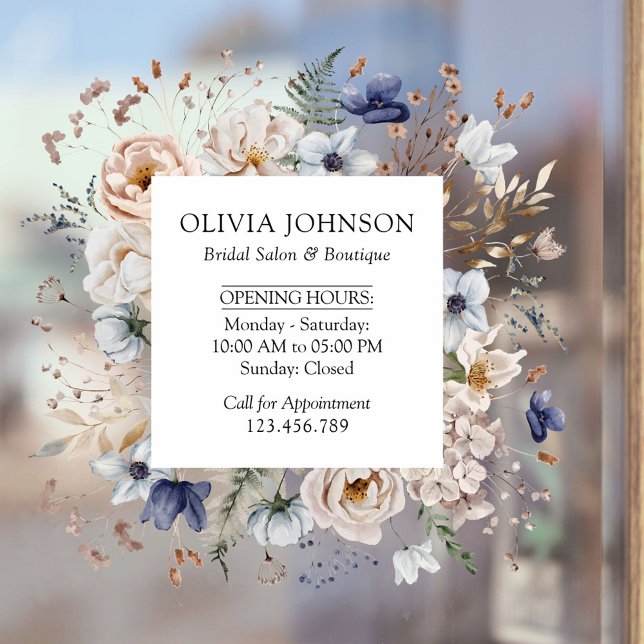 Elegante hübsche beige blaue Blumen Blumen Geschäf Fensteraufkleber (In situ)