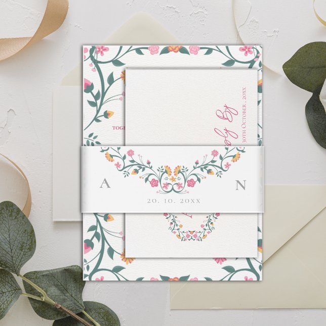 Elegante Hübsche Monogramm-Initialen Einladungsbanderole (Elegant Pretty Monogram Initials Floral Wedding Invitation Belly Band)