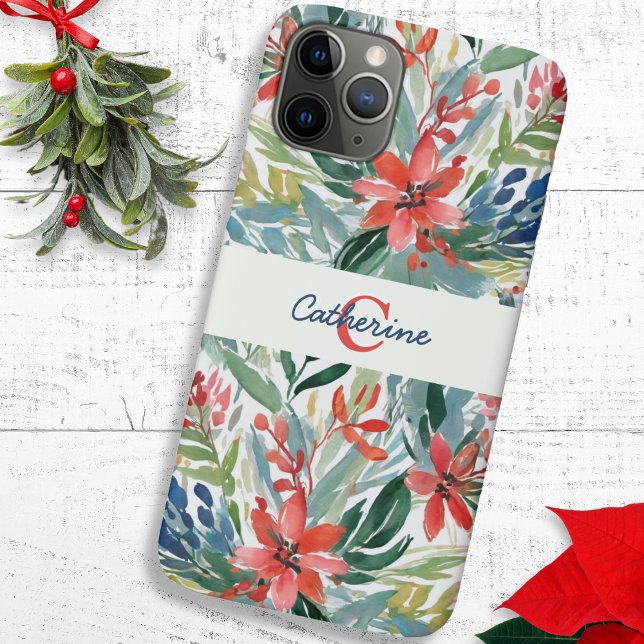 Elegante Hübsche Red Poinsettia Blume Mit Monogram Case-Mate iPhone Hülle (A monogrammed phone case with illustration of red poinsettias and green leaves in a watercolor style)