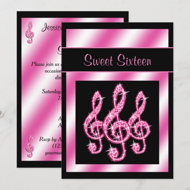 Elegante, Hübsche, rosa Treble Clefs Sweet 16 Einladung (Vorne/Hinten)