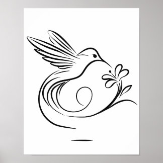 Elegante Hummingbird und Blume Line Kunst, Dichtun Poster