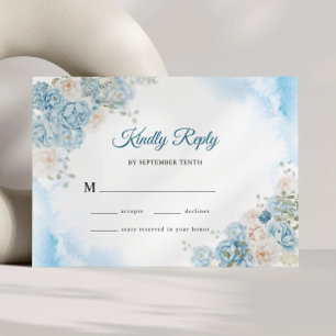 Elegante Ice Blue Ivory Rose Blume Hochzeit RSVP Karte