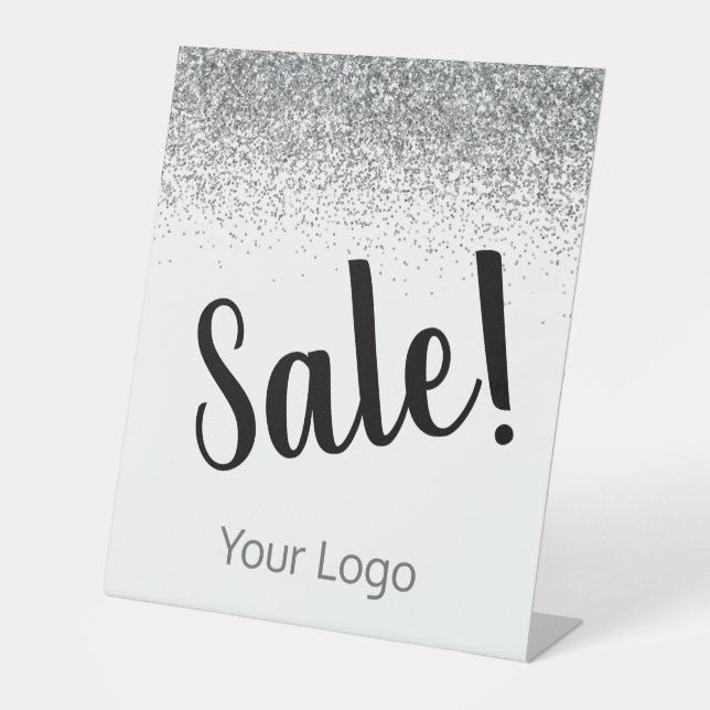 Elegante Ihr Logo Silver Glitzer Sale Business Sockelschild (Vorderseite)