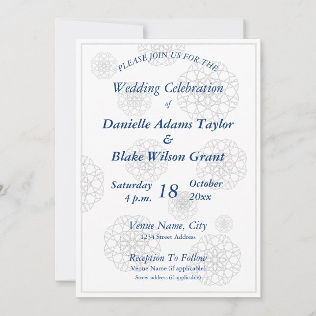 Elegante Illusion Navy & White Lace Mandala Weddin Einladung (Vorderseite)