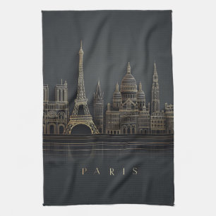 Elegante Illustration der Pariser Skyline in Gold Geschirrtuch