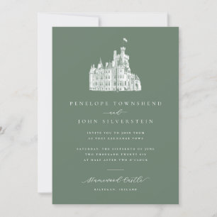 Elegante Illustration Salbeigrüne Burg Hochzeit Einladung