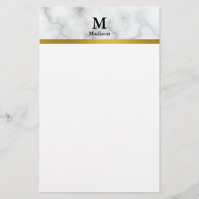 Elegante Imitat Weißer Marmor mit Name und Monogra Briefpapier (Vorderseite)