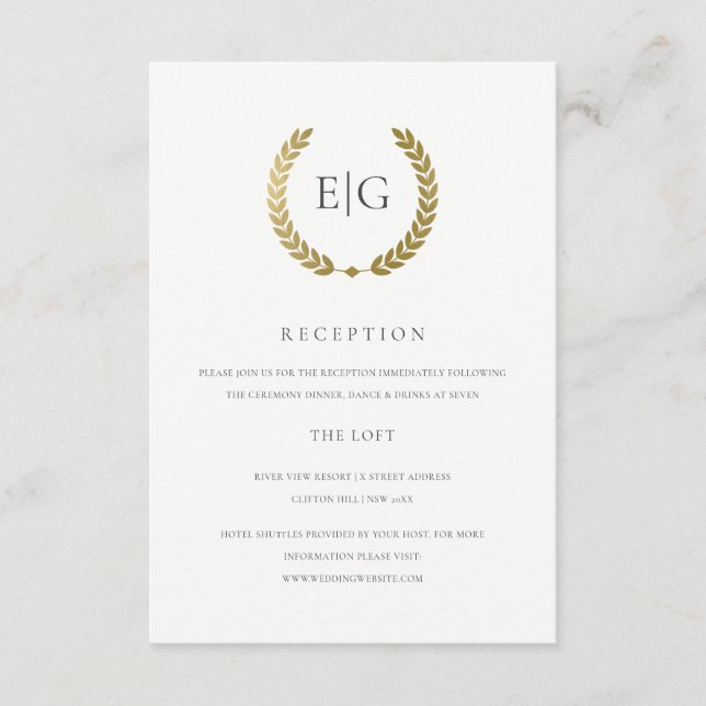 ELEGANTE IMITATE GOLD FLORAL LAUREL WREATH EMPFANG BEGLEITKARTE (Vorderseite)