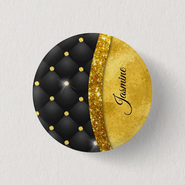 Elegante Imitate Gold Glitzer Black Diamond Monogr Button (Vorderseite)