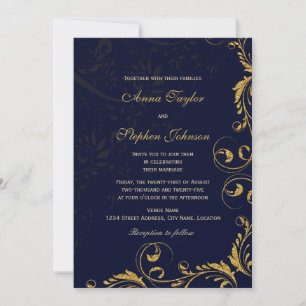 Elegante Imitate Gold Glitzer Floral Wirbel Navy B Einladung