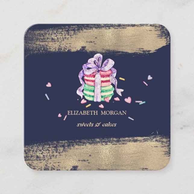 Elegante Imitate Gold Pinselstriche Makarons Quadratische Visitenkarte (Vorderseite)