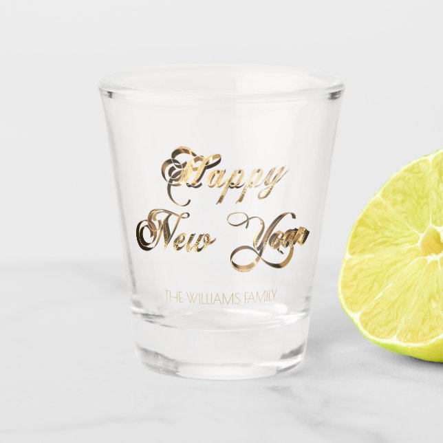 Elegante Imitate Gold-Script-Happy New Year Schnapsglas (Vorderseite)