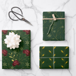 Elegante Imitate goldgrüne blühende Aquarellfarben Geschenkpapier Set