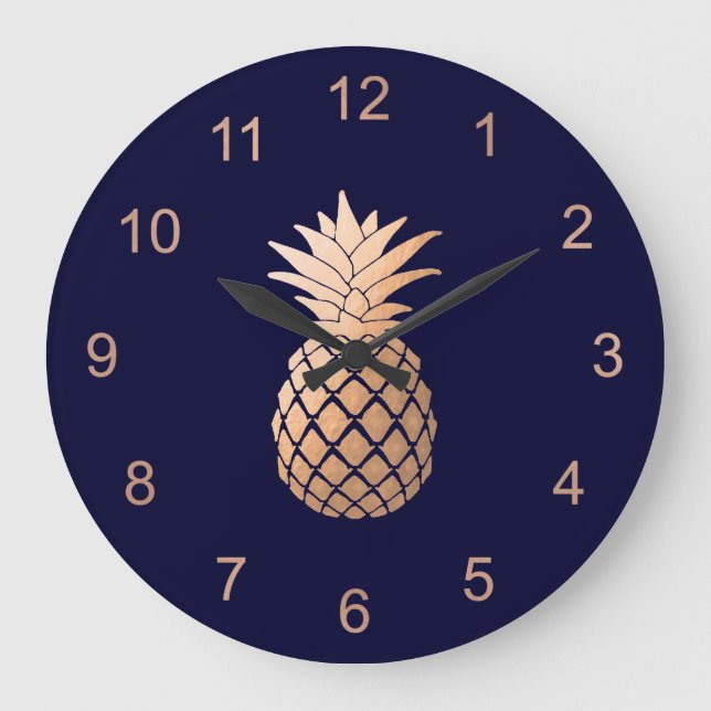 Elegante Imitate Rose Gold Ananas auf Navy Blue Große Wanduhr (Vorderseite)