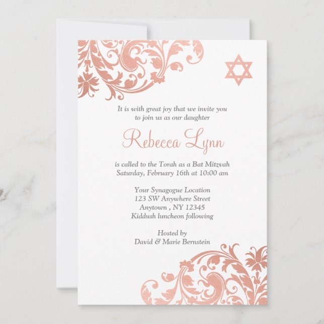 Elegante Imitate Rose Gold Blüh Bat Mitzvah Einlad Einladung (Vorderseite)