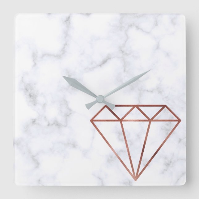 elegante Imitate Rose Gold Diamant weißer Marmor Quadratische Wanduhr (Vorderseite)