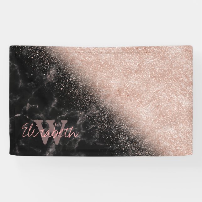 Elegante Imitate Rose Gold Konfetti Schwarz Marmor Banner (Horizontal)