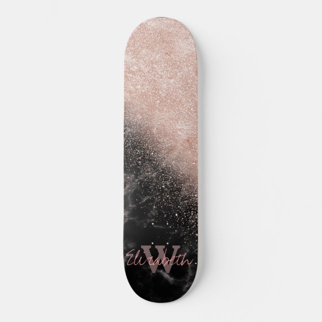 Elegante Imitate Rose Gold Konfetti Schwarz Marmor Skateboard (Vorderseite)