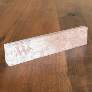 Elegante Imitate Rose Gold Konfetti, weißes Marmo Namensplakette