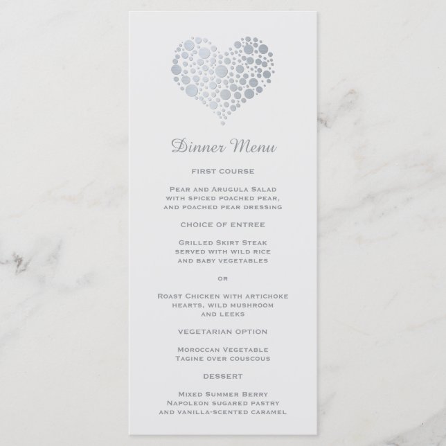 Elegante Imitate Silver Foil Heart Slim Dinner Men Menükarte (Vorderseite)