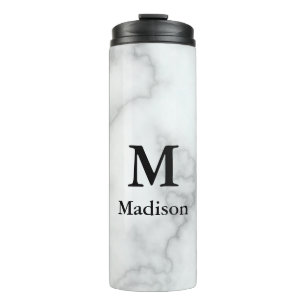 Elegante Imitate Weißer Marmor mit Name & Monogram Thermosbecher