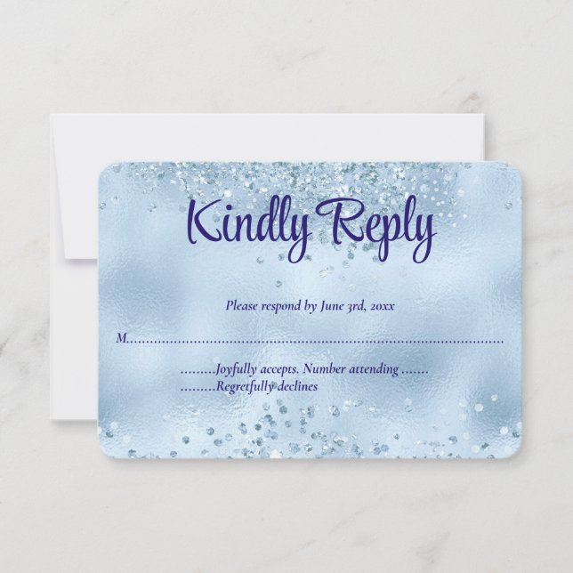 Elegante Imitats Baby Blue Glitzer & Foil Wedding RSVP Karte (Vorderseite)