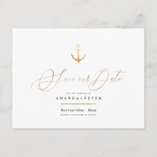 Elegante Imitats Gold Anker, Nautic Save the Date Postkarte