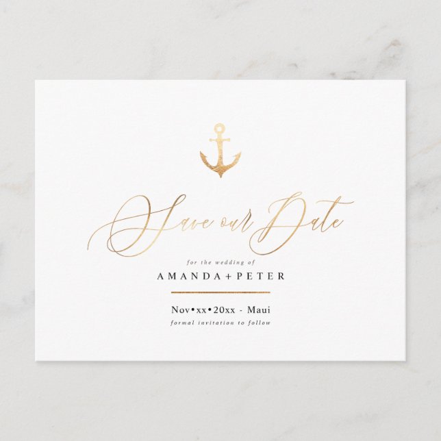 Elegante Imitats Gold Anker, Nautic Save the Date Postkarte (Vorderseite)