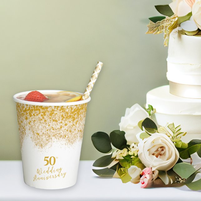 Elegante Imitats Gold Glitzer 50. Hochzeitstag Pappbecher (Elegant Faux Gold Glitter 50th Wedding Anniversary Paper Cups)