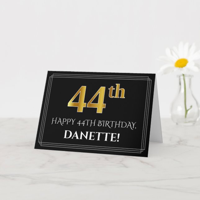Elegante Imitats Gold Look "44. Geburtstag" + Name Karte (Kleine Pflanze)