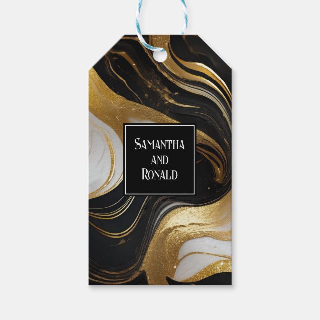 Elegante Imitats Gold, Schwarz-weiße Marmorhochzei Geschenkanhänger (Vorderseite)