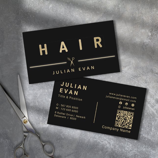 Elegante Imitats Goldhaarschere Haarstylle Schwarz Visitenkarte (Elegant Faux Gold Hair Scissors Hair Stylist Black Business Card)