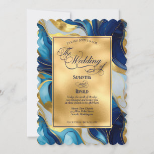 Elegante Imitats Hochzeit in Gold, Blau und Weiß Einladung