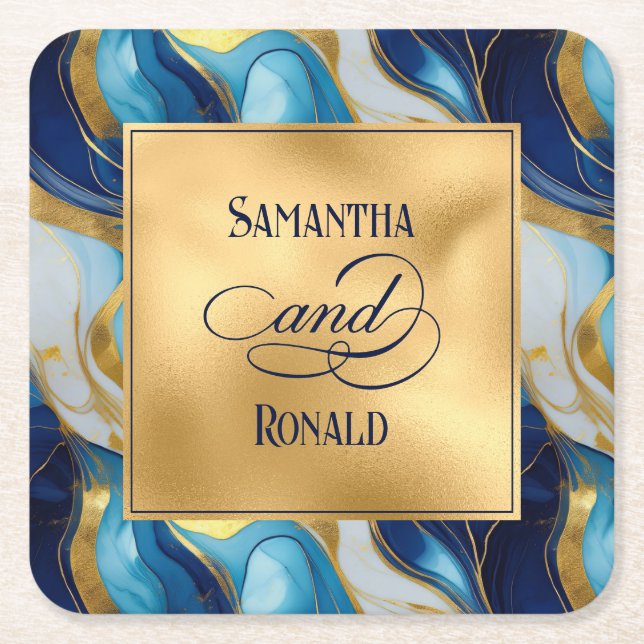 Elegante Imitats Hochzeit in Gold, Blau und Weiß Rechteckiger Pappuntersetzer (Vorderseite)