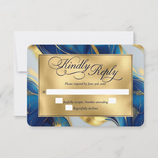 Elegante Imitats Hochzeit in Gold, Blau und Weiß RSVP Karte (Vorderseite)