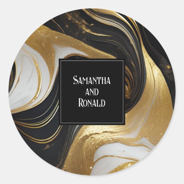 Elegante Imitats Hochzeit in Gold, Schwarz und Wei Runder Aufkleber (Vorderseite)