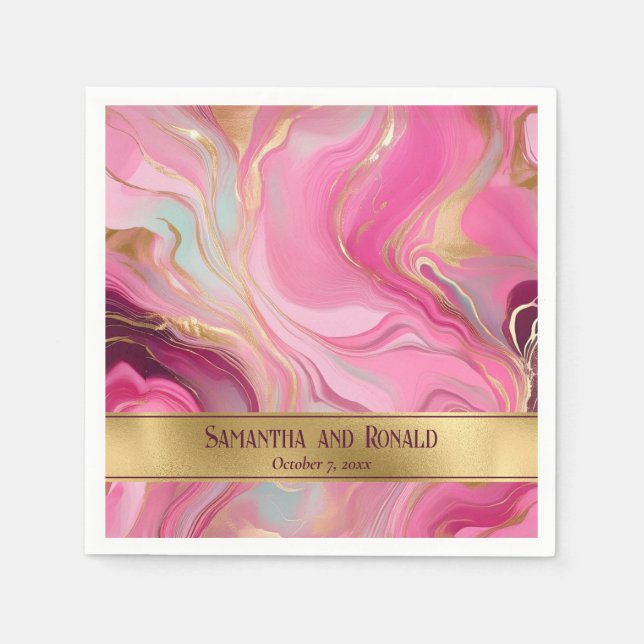 Elegante Imitats Hochzeit in Gold und Rosa Serviette (Vorderseite)