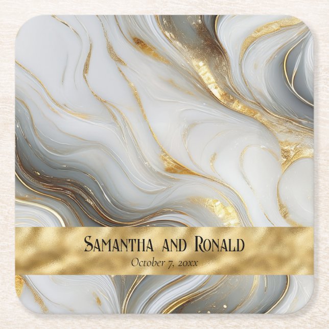 Elegante Imitats Hochzeit in Gold, Weiß und Grau Rechteckiger Pappuntersetzer (Vorderseite)