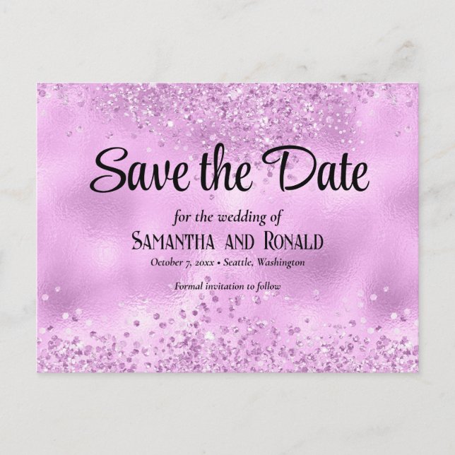 Elegante Imitats Lilac Glitzer and Foil Wedding Ankündigungspostkarte (Vorderseite)