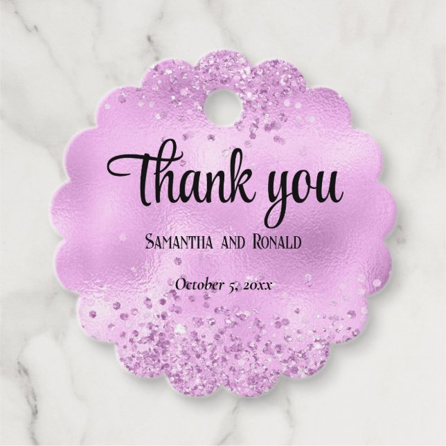 Elegante Imitats Lilac Glitzer and Foil Wedding Geschenkanhänger (Vorderseite)