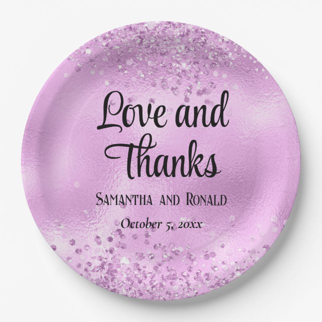 Elegante Imitats Lilac Glitzer and Foil Wedding Pappteller (Vorderseite)