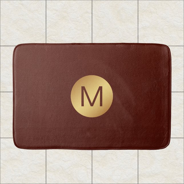 Elegante Imitats Red Leather & Gold Monogram Initi Badematte (Von Creator hochgeladen)